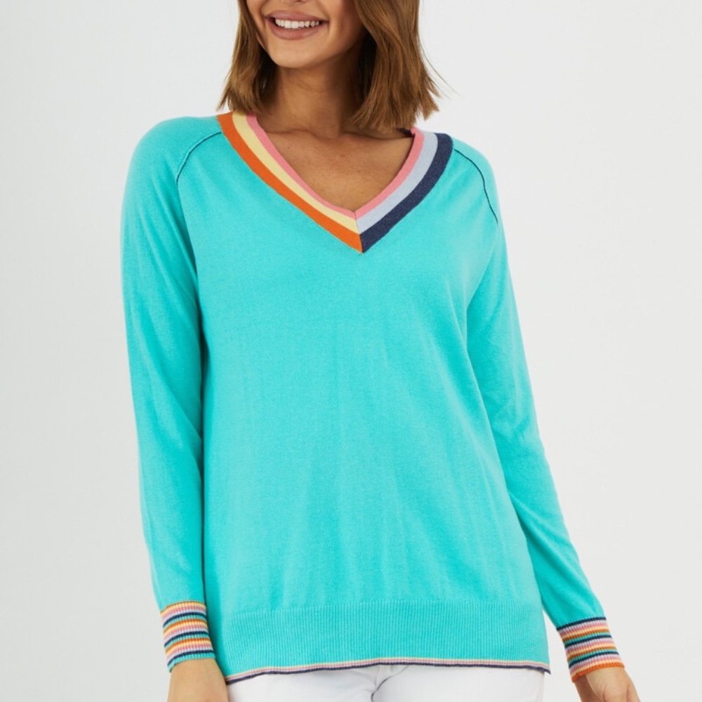 Cotton & Silk Stripe V-Neck Sweater by Zaket & Plover in Jade